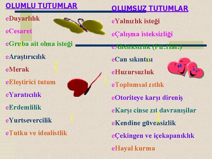 OLUMLU TUTUMLAR OLUMSUZ TUTUMLAR e. Duyarlılık e. Yalnızlık isteği e. Cesaret eÇalışma isteksizliği e.