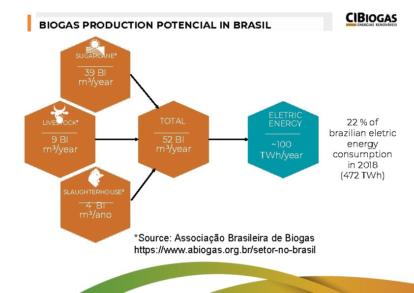 BIOGAS PRODUCTION POTENCIAL IN BRASIL SUGARCANE* 39 BI m³/year LIVESTOCK* TOTAL 9 BI m³/year