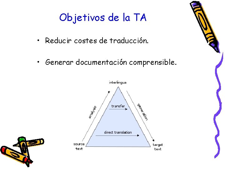 Objetivos de la TA • Reducir costes de traducción. • Generar documentación comprensible. 
