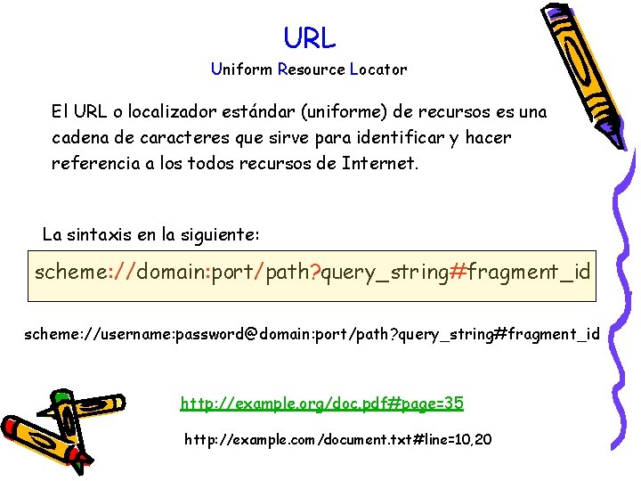 URL Uniform Resource Locator El URL o localizador estándar (uniforme) de recursos es una