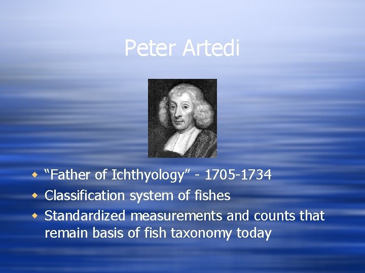 Peter Artedi w “Father of Ichthyology” - 1705 -1734 w Classification system of fishes