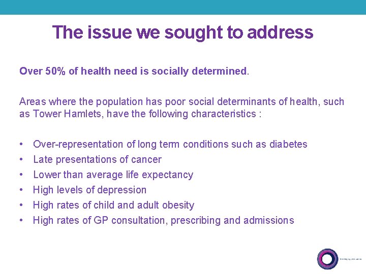 The issue we sought to address Over 50% of health need is socially determined.