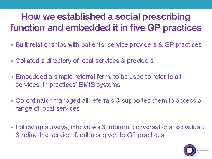 How we established a social prescribing function and embedded it in five GP practices