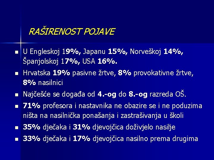 RAŠIRENOST POJAVE n U Engleskoj 19%, Japanu 15%, Norveškoj 14%, Španjolskoj 17%, USA 16%.
