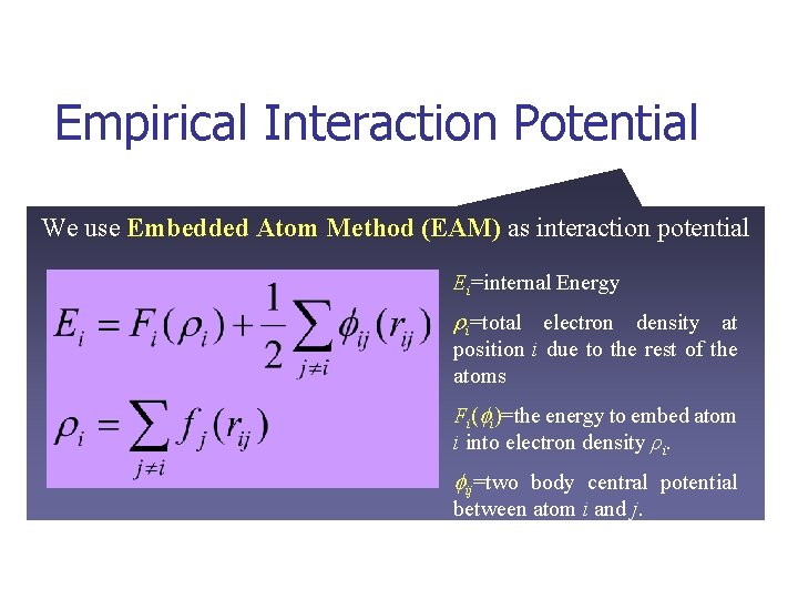 Empirical Interaction Potential We use Embedded Atom Method (EAM) as interaction potential Ei=internal Energy