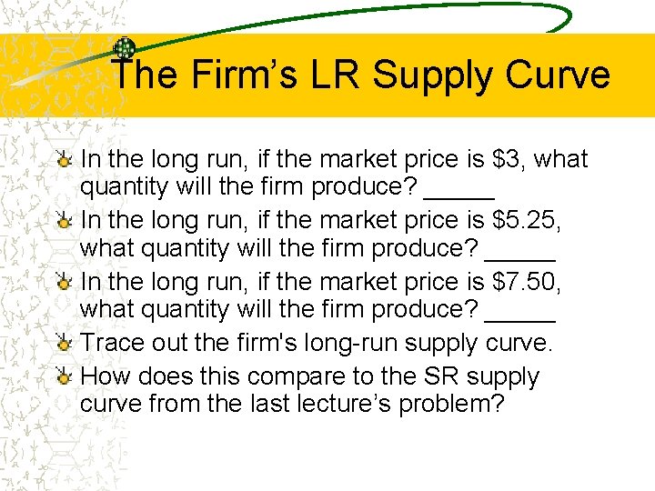 The Firm’s LR Supply Curve In the long run, if the market price is