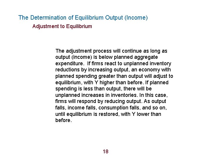 The Determination of Equilibrium Output (Income) Adjustment to Equilibrium The adjustment process will continue