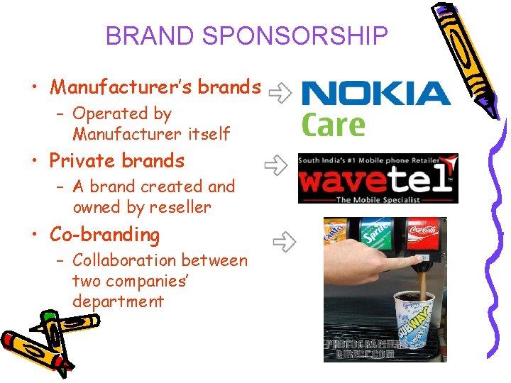 BRAND SPONSORSHIP • Manufacturer’s brands – Operated by Manufacturer itself • Private brands –