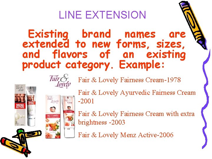 LINE EXTENSION Existing brand names are extended to new forms, sizes, and flavors of