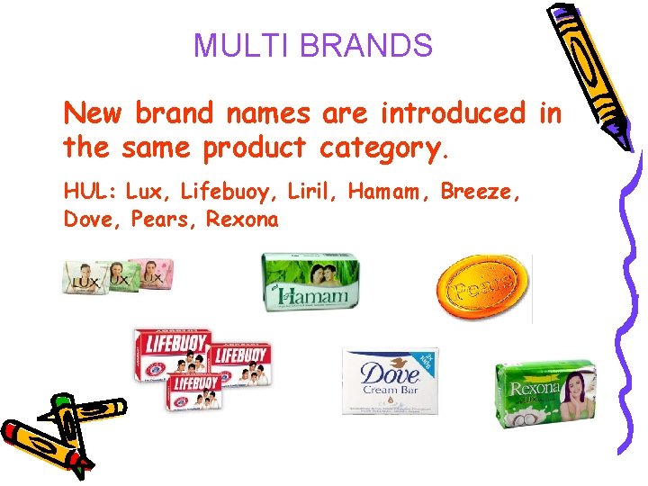 MULTI BRANDS New brand names are introduced in the same product category. HUL: Lux,