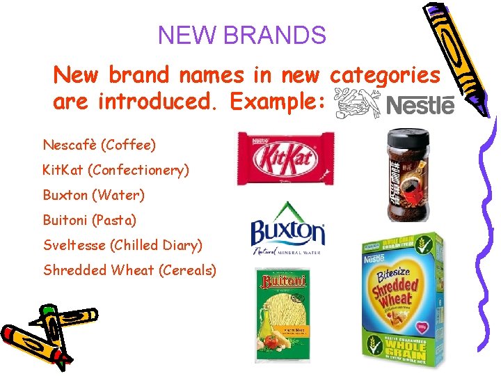 NEW BRANDS New brand names in new categories are introduced. Example: Nescafè (Coffee) Kit.