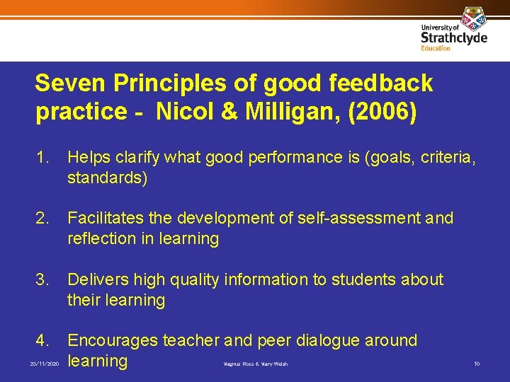 Seven Principles of good feedback practice - Nicol & Milligan, (2006) 1. Helps clarify