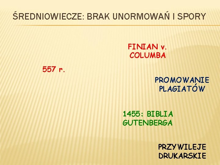 ŚREDNIOWIECZE: BRAK UNORMOWAŃ I SPORY FINIAN v. COLUMBA 557 r. PROMOWANIE PLAGIATÓW 1455: BIBLIA