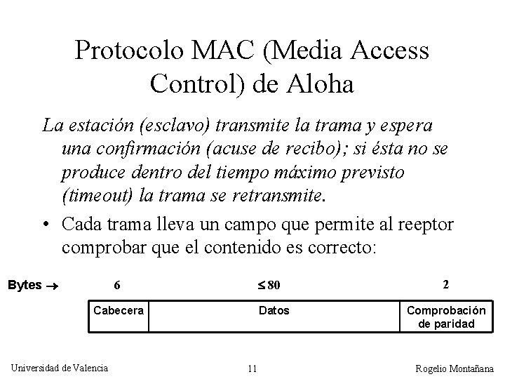 Protocolo MAC (Media Access Control) de Aloha La estación (esclavo) transmite la trama y