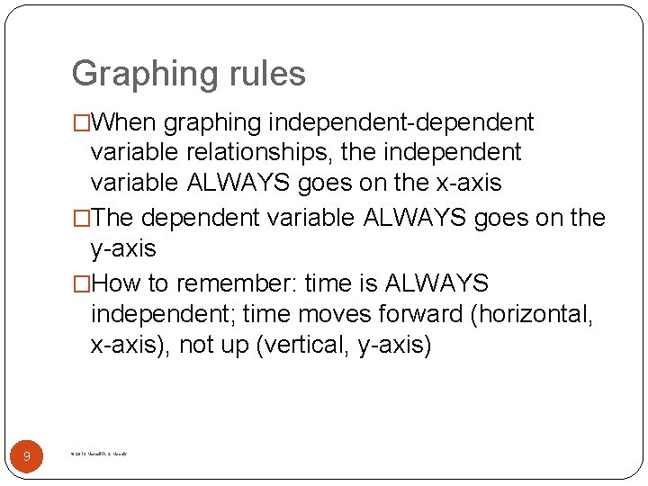 Graphing rules �When graphing independent-dependent variable relationships, the independent variable ALWAYS goes on the