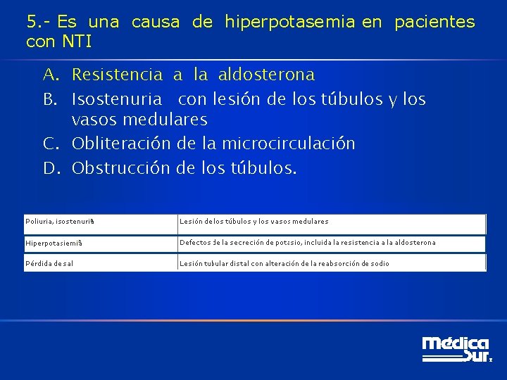 5. - Es una causa de hiperpotasemia en pacientes con NTI A. Resistencia a