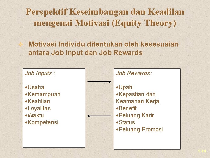 Perspektif Keseimbangan dan Keadilan mengenai Motivasi (Equity Theory) v Motivasi Individu ditentukan oleh kesesuaian