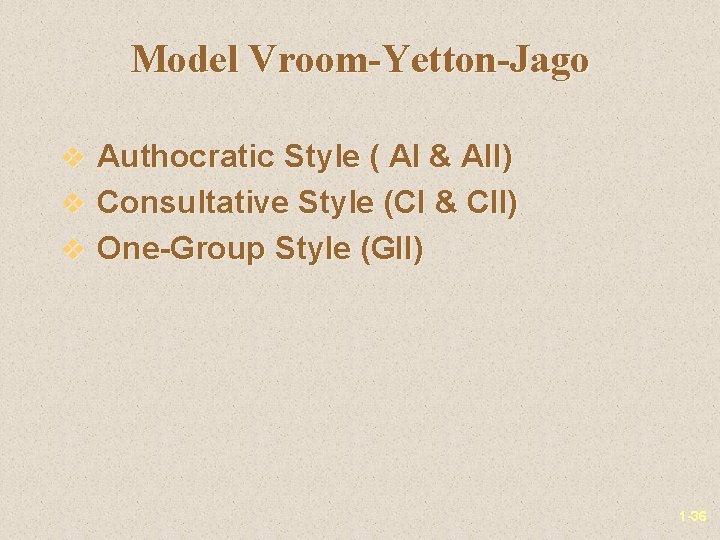 Model Vroom-Yetton-Jago v Authocratic Style ( AI & AII) v Consultative Style (CI &