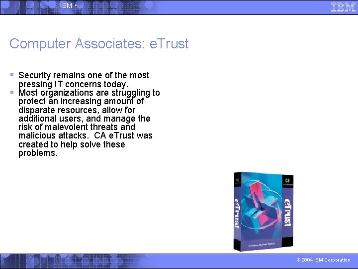 IBM ^ Computer Associates: e. Trust § Security remains one of the most pressing