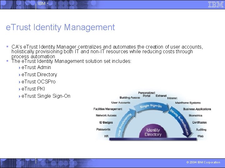 IBM ^ e. Trust Identity Management § CA’s e. Trust Identity Manager centralizes and