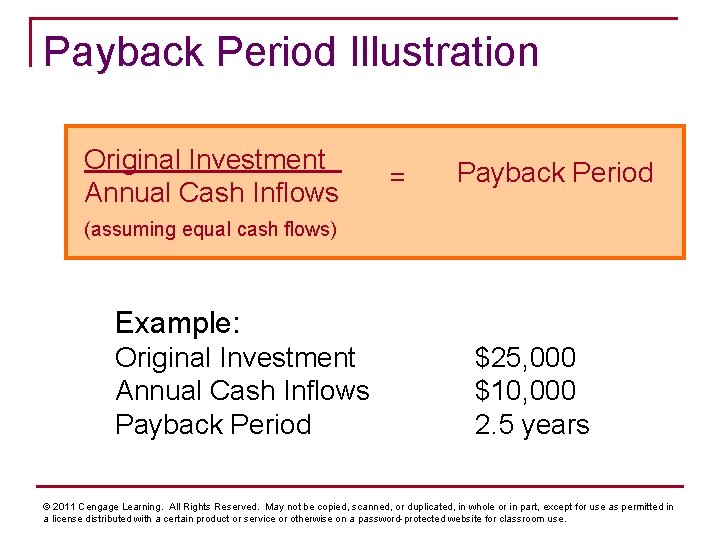 Payback Period Illustration Original Investment Annual Cash Inflows = Payback Period (assuming equal cash