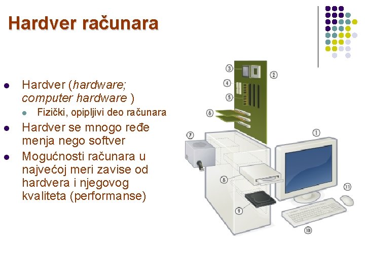 Hardver računara l Hardver (hardware; computer hardware ) l l l Fizički, opipljivi deo