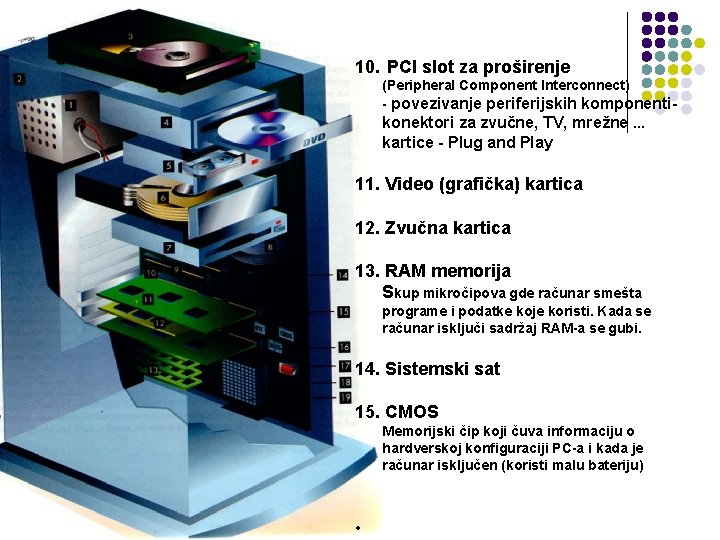 10. PCI slot za proširenje (Peripheral Component Interconnect) - povezivanje periferijskih komponenti- konektori za