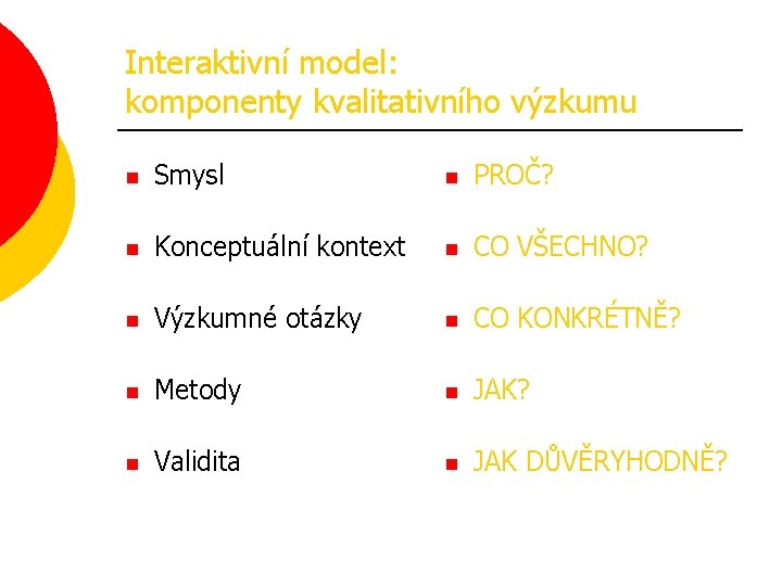 Interaktivní model: komponenty kvalitativního výzkumu n Smysl n PROČ? n Konceptuální kontext n CO