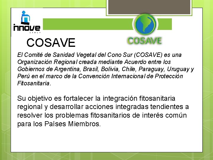 COSAVE El Comité de Sanidad Vegetal del Cono Sur (COSAVE) es una Organización Regional