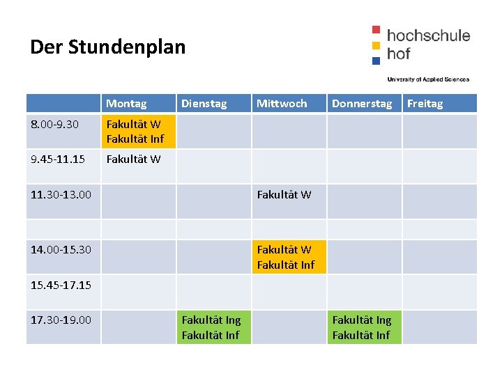 Der Stundenplan Montag 8. 00 -9. 30 Fakultät W Fakultät Inf 9. 45 -11.