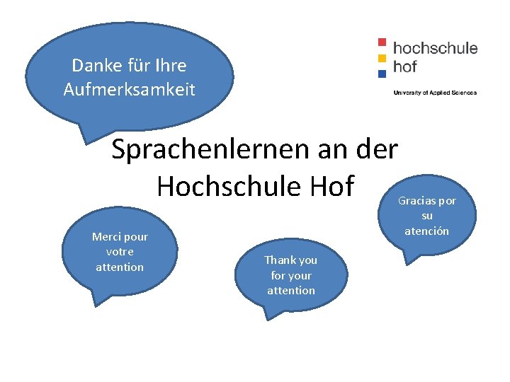 Danke für Ihre Aufmerksamkeit Sprachenlernen an der Hochschule Hof Gracias por Merci pour votre