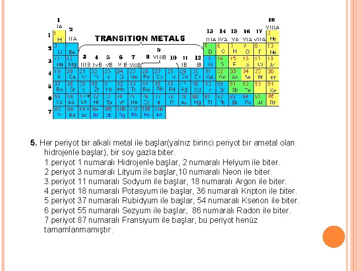 5. Her periyot bir alkali metal ile başlar(yalnız birinci periyot bir ametal olan hidrojenle