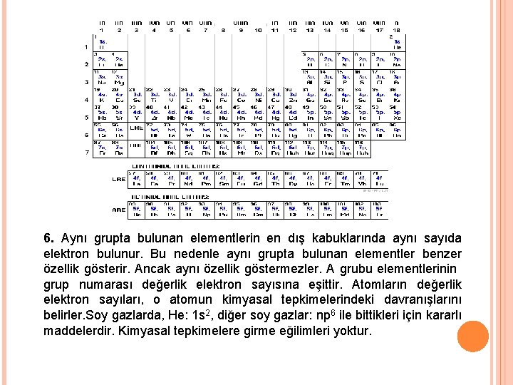 6. Aynı grupta bulunan elementlerin en dış kabuklarında aynı sayıda elektron bulunur. Bu nedenle