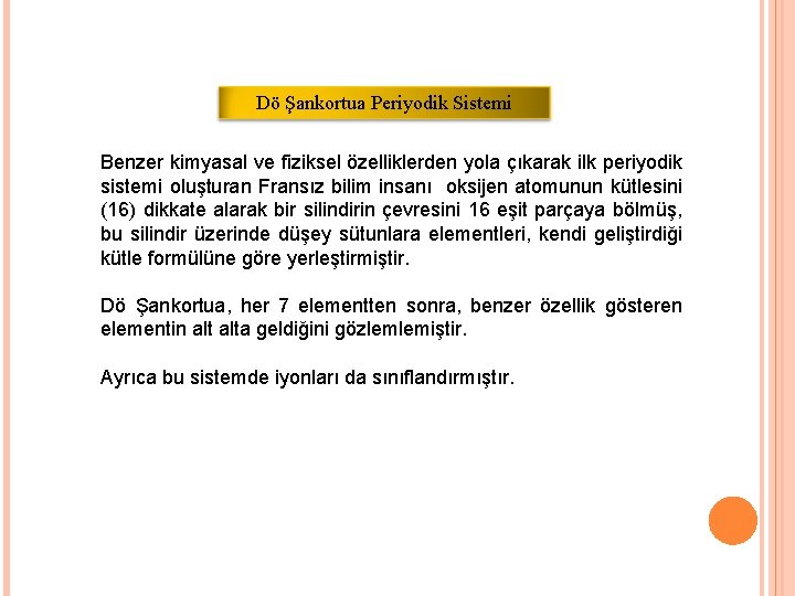 Dö Şankortua Periyodik Sistemi Benzer kimyasal ve fiziksel özelliklerden yola çıkarak ilk periyodik sistemi