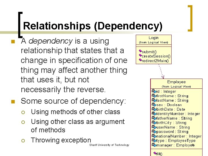 Relationships (Dependency) n n A dependency is a using relationship that states that a