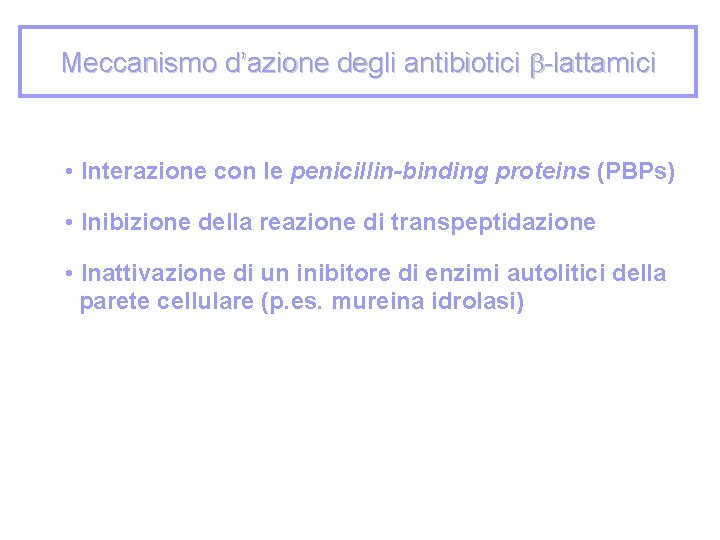 Meccanismo d’azione degli antibiotici -lattamici • Interazione con le penicillin-binding proteins (PBPs) • Inibizione