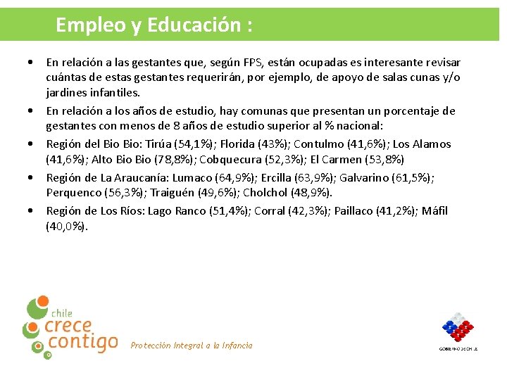 Empleo y Educación : • En relación a las gestantes que, según FPS, están