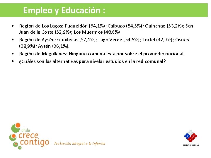 Empleo y Educación : • Región de Los Lagos: Puqueldón (64, 1%); Calbuco (54,