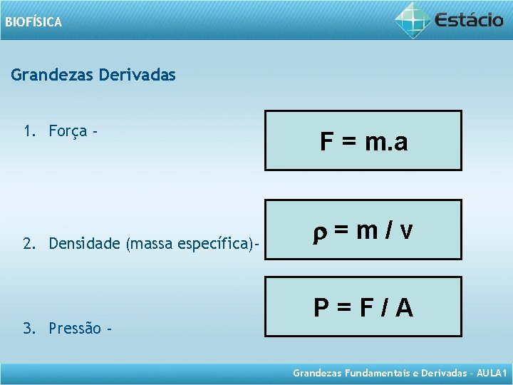 BIOFSICA Aula 1 Grandezas Fsicas Fundamentais Derivadas Prof