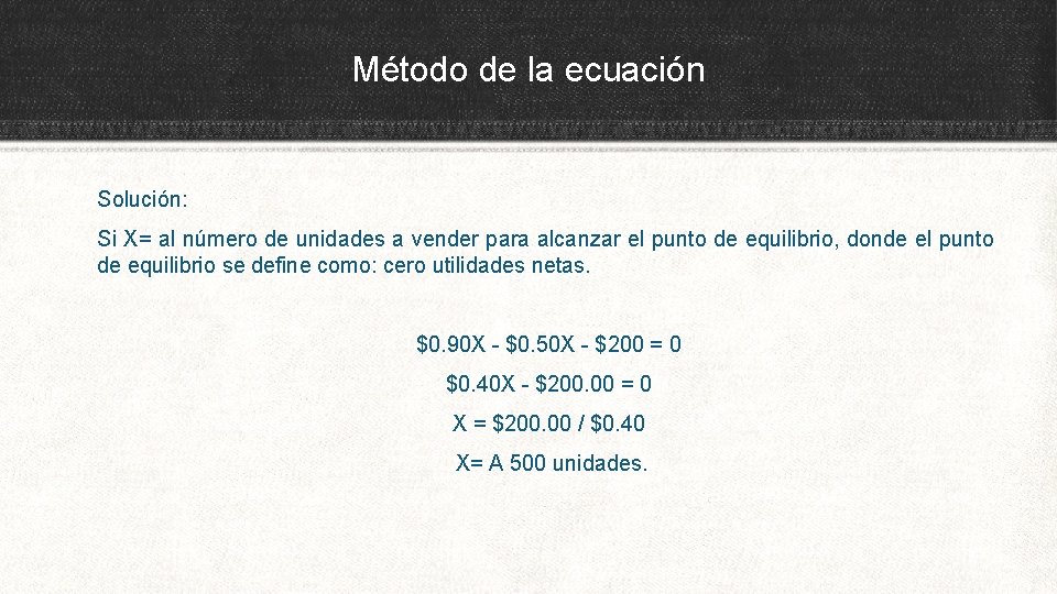 Método de la ecuación Solución: Si X= al número de unidades a vender para
