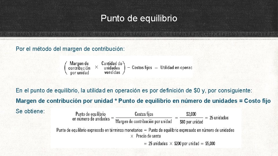 Punto de equilibrio Por el método del margen de contribución: En el punto de