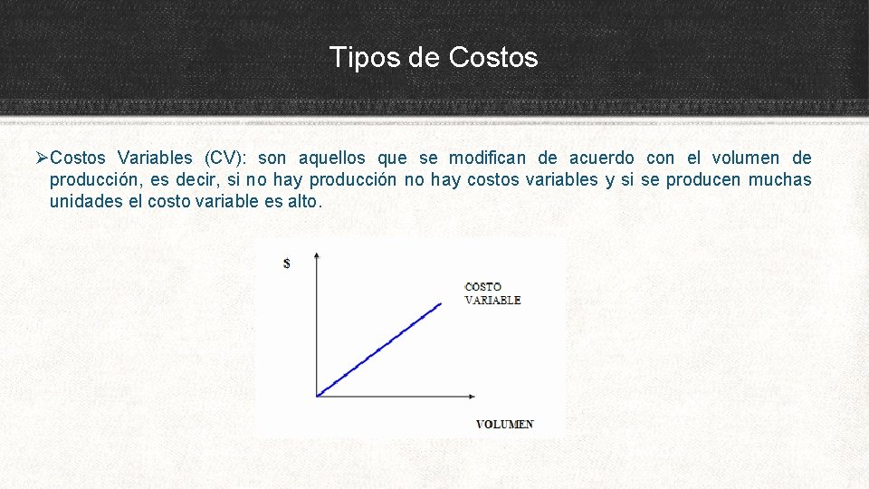 Tipos de Costos ØCostos Variables (CV): son aquellos que se modifican de acuerdo con