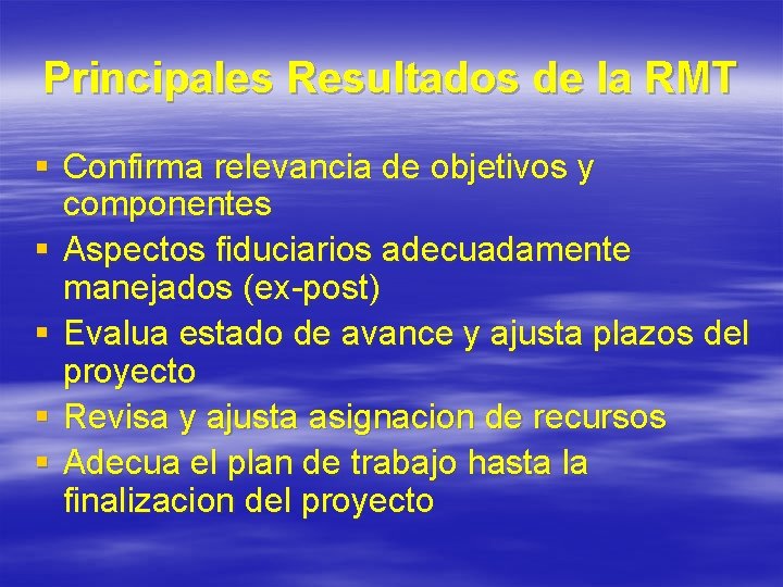 Principales Resultados de la RMT § Confirma relevancia de objetivos y componentes § Aspectos