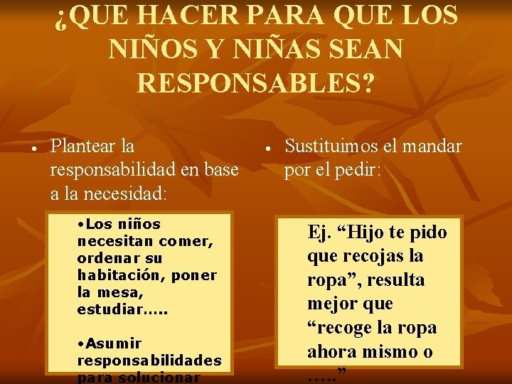 ¿QUE HACER PARA QUE LOS NIÑOS Y NIÑAS SEAN RESPONSABLES? Plantear la responsabilidad en