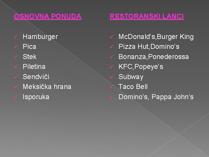 OSNOVNA PONUDA ü ü ü ü Hamburger Pica Stek Piletina Sendviči Meksička hrana Isporuka