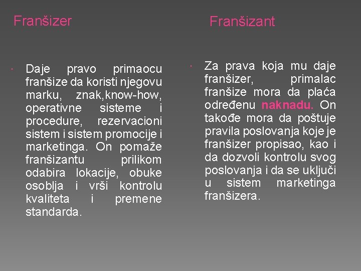 Franšizer Daje pravo primaocu franšize da koristi njegovu marku, znak, know-how, operativne sisteme i