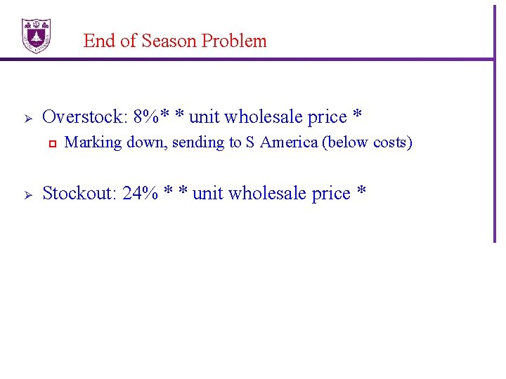 End of Season Problem Ø Overstock: 8%* * unit wholesale price * p Ø