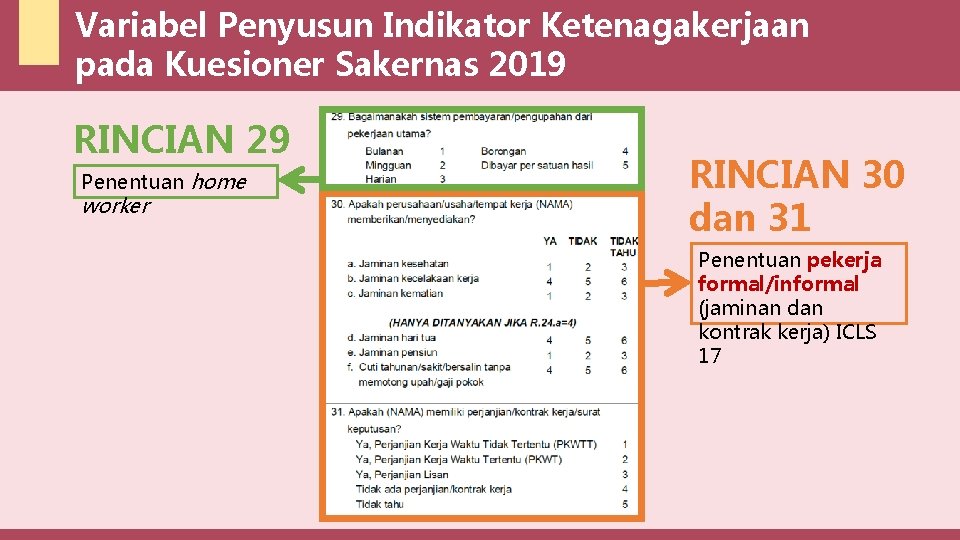 Variabel Penyusun Indikator Ketenagakerjaan pada Kuesioner Sakernas 2019 RINCIAN 29 Penentuan home worker RINCIAN