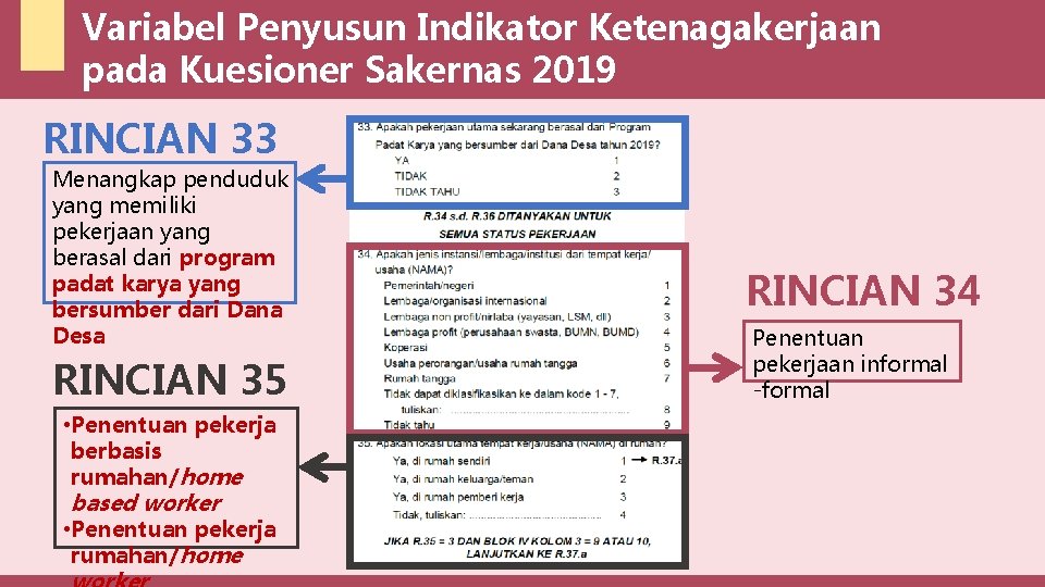 Variabel Penyusun Indikator Ketenagakerjaan pada Kuesioner Sakernas 2019 RINCIAN 33 Menangkap penduduk yang memiliki