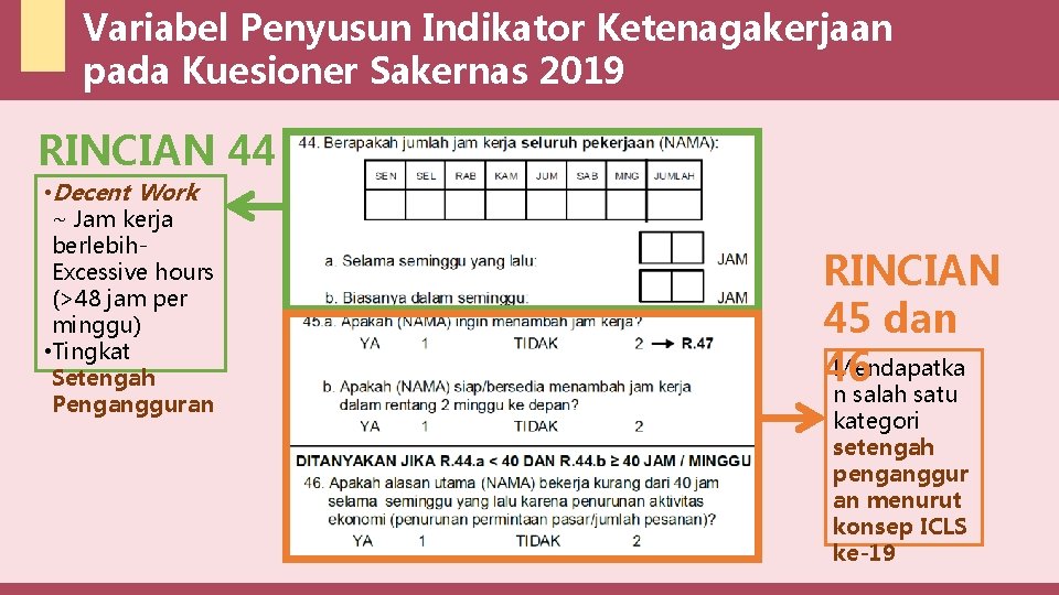 Variabel Penyusun Indikator Ketenagakerjaan pada Kuesioner Sakernas 2019 RINCIAN 44 • Decent Work ~